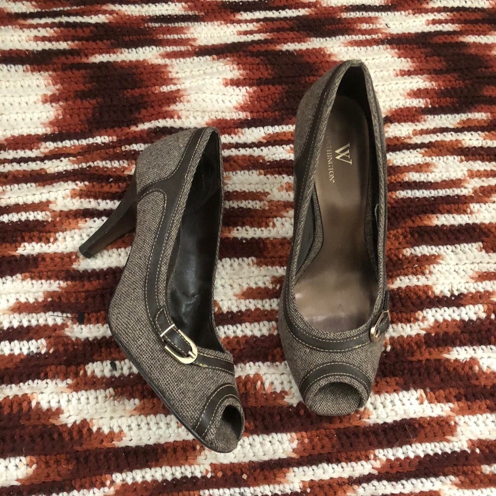 Worthington Office Siren Core Brown Plaid Hereingbone open peep toe heels pumps